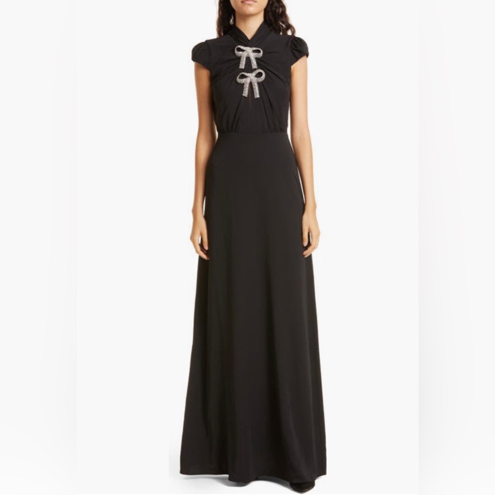 NWT $585 Self-Portrait Crystal Bow Cutout Stretch Crepe Gown, BLACK, size 6!